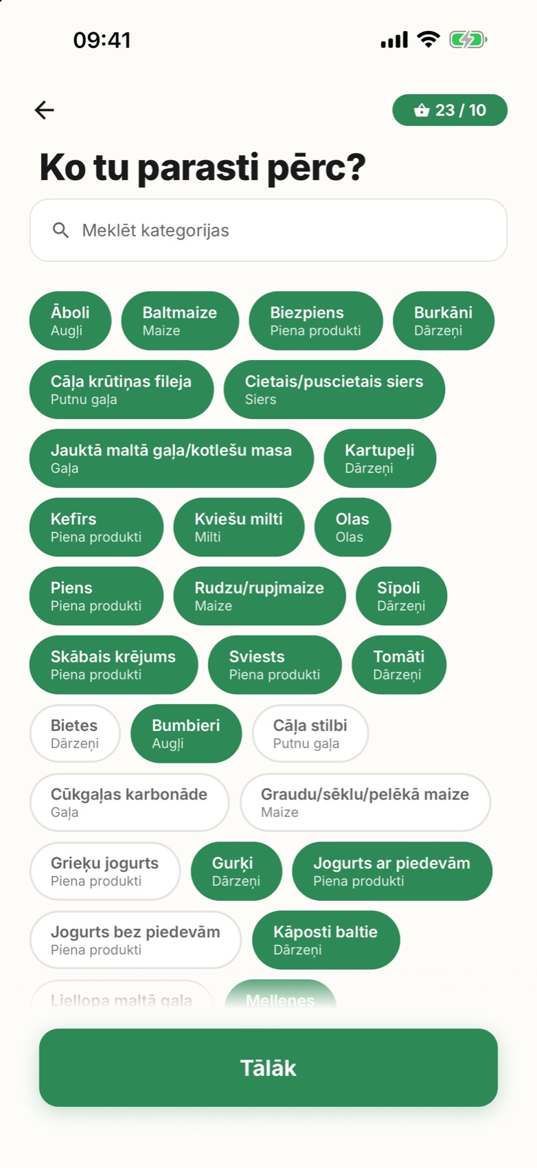 Groza kategoriju izvēle