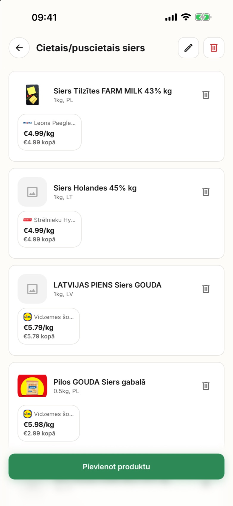 Cietais siers trīs veikalos ar cenu par kilogramu