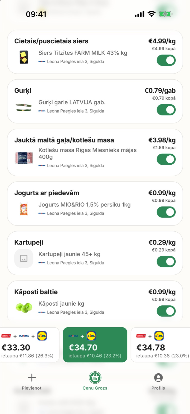Groza sadalījums starp veikaliem: trīs veikalos €33.30, ietaupa €11.86