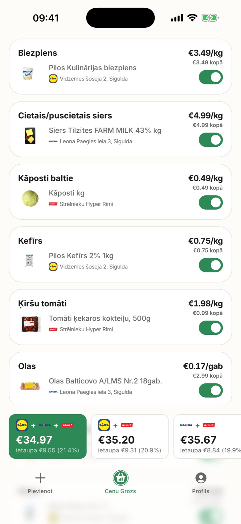 Cenu Grozs groza skats: produkti ar cenu par kilogramu un veikalu kopsummas